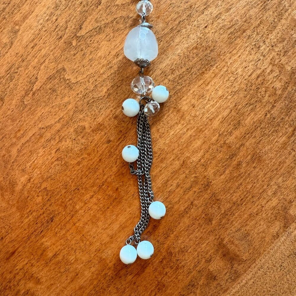 Costume Gray, White, Clear Beads Fabric Cord Silver Tone Chain Long Necklace